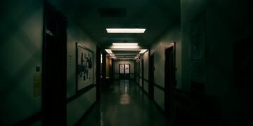 a long hallway with a skylight hanging from the ceiling